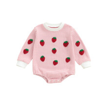 (6-12 Months, Pink) Body infantil feminino de manga longa com gola redonda e estampa de morangos, perfeito para uso casual.