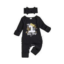 (0-3 Months, Black) Baby-Mädchen-Strampler mit Neujahrsmotiv, langen Ärmeln, Rundhalsausschnitt und Stirnband