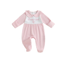 (3-6 Months, Pink) Macacão infantil feminino para o outono, com estampa listrada, bordado de letras, mangas compridas e gola boneca.