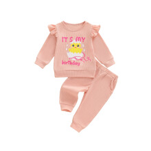 (2-3 Years, Pink) Baba születésnapi kétrészes ruha, hosszú ujjú, csirkemintás, rugalmas derekú nadrággal.