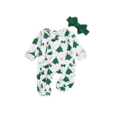 (0-3 Months, Green) Weihnachtsstrampler für Neugeborene Mädchen, langärmlig, mit Reißverschluss, Weihnachtsmann-Print und Haarreif