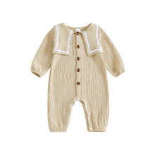 (3-6 Months, Beige) Dívčí podzimní overal s dlouhým rukávem a kulatým výstřihem pro novorozence, zapínání na knoflíky