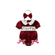 (0-3 Months, Red) Éadaí Nollag do Chailín Bean, Bróidnéireacht, Coiléar Bábóige, Romper, Banda Ceann, Sraith 2 phíosa
