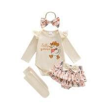(6-9 Months, Beige) Tyttövauvan syysasut, kirjainhanhikuvioinen pitkähihainen body, ruudullinen shortsit, rusettipanta, pitkät sukat