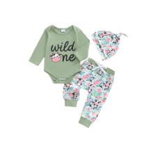 (3-6 Months, Green) Herbstoutfit für Babys (Mädchen): 3-teiliges Set mit Strampler, Blumenhose und passender Mütze.