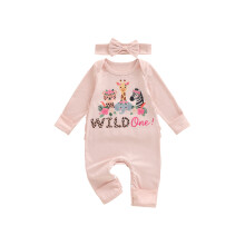 (12-18 Months, Pink) Baby Mädchen Geburtstags-Strampler, lässig, langärmelig, Rundhalsausschnitt, Tiermuster, Jumpsuit mit Stirnband
