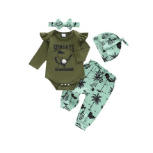 (12-18M, army green) Herbst-Outfit für Babys: Langärmeliger Strampler mit Buchstabenprint, Hose mit Baumprint, Stirnband und Mütze.