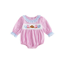 (12-18 Months, Pink) Macacão infantil feminino de outono com estampa xadrez, bordado de botinha, manga comprida e gola redonda com babados.