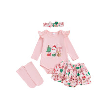 (0-3 Months, Pink) Éadaí Nollag do Chailíní Leanbh: Romper Fada + Sciorta Gearr + Banda Ceann + Stocaí Tacar