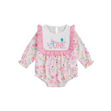 (12-18 Months, Pink) Romper Breithlá Cailín Leanbh le Muinchille Fada le Bróidnéireacht Litreacha Gé agus Éadaí an Fhómhair