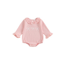 (6-12 Months, Pink) Romper Bubble Faiseanta le Muineál Babhta agus Bróidnéireacht Bogha le Rufáil Muinchille Fada do Chailíní Leanbh