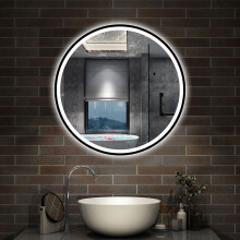 Round black bluetooth bathroom mirror with 3 colour lights clock
