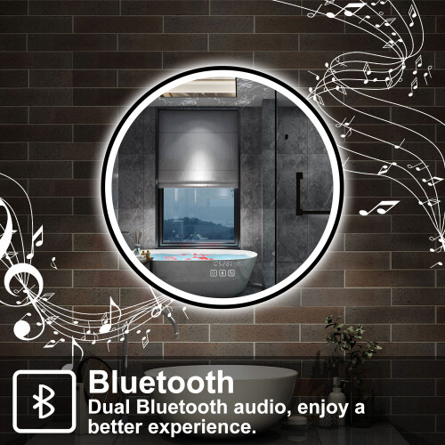 Round black bluetooth bathroom mirror with 3 colour lights clock 2