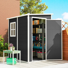 Outsunny Lean to Garden Shed, Plastic Tool Storage House w/ Lockable Door