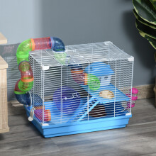 (Blue) Pawhut 2 Tier Hamster Cage Small Animal House w/ Exercise Wheels Tunnel