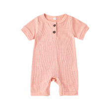 (6-12 Months, Pink) Bájos baba rövid ujjú romper, kerek nyakú, egyszínű, bordázott, gombos rövidnadrág nyárra és tavaszra.