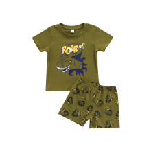 (120, Army Green) Kindershorts voor jongens, zomerpakjes met cartoonprint, korte mouwen, ronde hals en elastische taille.