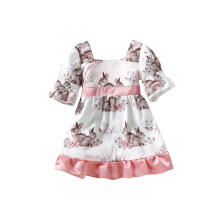 (3-4 Years, Pink) Lányka ruha, nyúlvirágmintás, puffos, rövid ujjú, szögletes nyakú, fodros szegéllyel, baba ruházat.