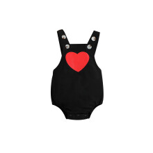 (9-12 Months, Black) Újszülött baba romper, csecsemő kisgyermek szívmintás ujjatlan gombos vászon egyrészes
