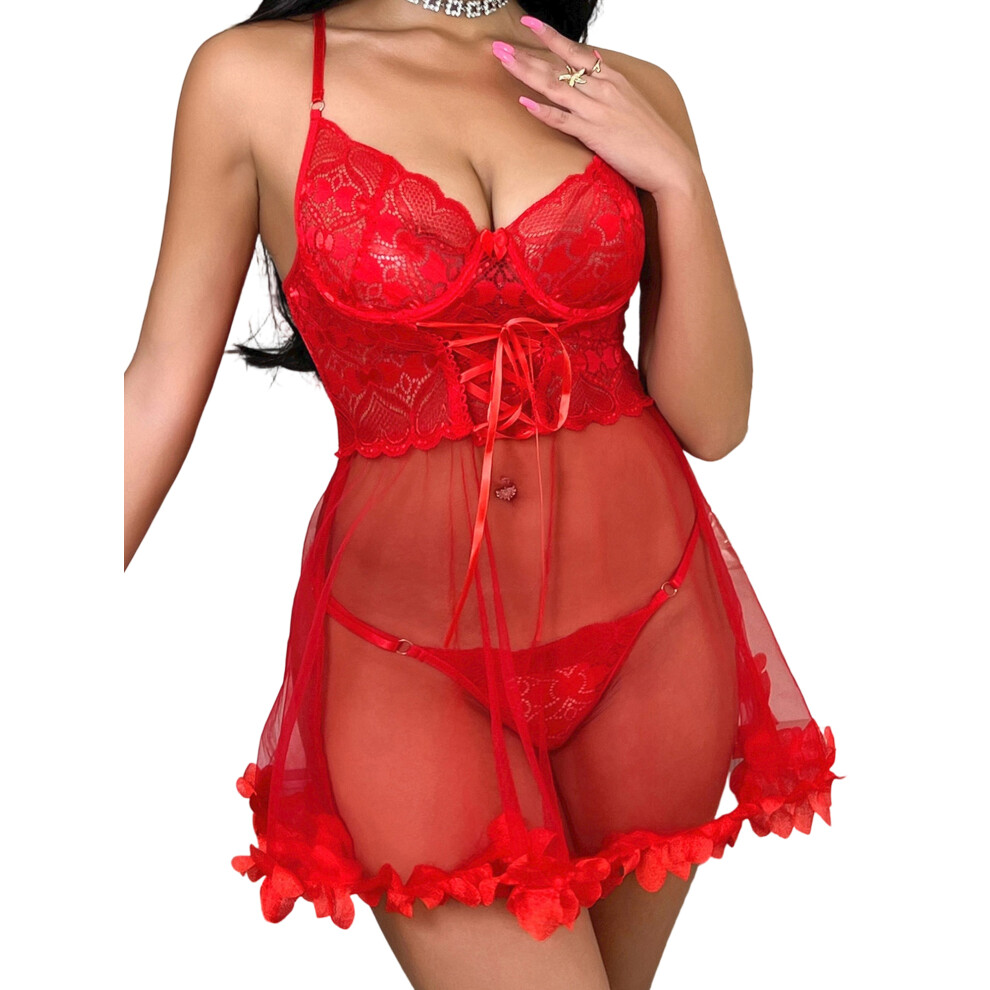 Red (Xl, ) Women's 2 Piece Lingerie Set Sleeveless Lace Top Mesh Hem Babydoll Chemise + Thongs Exotic Nightwear