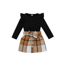 (12-18 Months, Black) Éadaí 2 phíosa do Chailíní Óga, Barra Dathanna Cniotáilte le Muinchille Fada + Sciorta Mini le Cnaipí