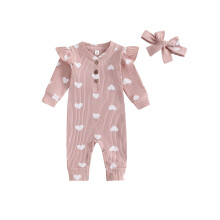 (6-12 Months, Pink) Conjunto infantil meninas: body manga longa coração e touca com laço, rosa/branco.