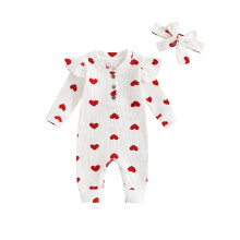 (0-3 Months, White) Conjunto infantil meninas: body manga longa coração e touca com laço, rosa/branco.