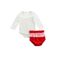 (18-24 Months, Red) Éadaí Romper do Chailíní Nuabheirthe, Súgradh Dath Soladach Lása Muinchille Fada + Bríste Gearra Ruffle