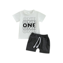 (12-18 Months, Black) Kinderkleding jongens, korte mouwen tops, ronde hals, letterprint, effen kleur, korte broek, casual outfits