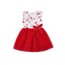 (5-6 Years, Red) Lányok Valentin-napi ruha ujjatlan, kerek nyakú, szívmintás tüll patchwork ruha