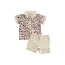 (3-4 Years, Multicolor) 2-delige kinderpakset: bloemenprint shirt met omgeslagen kraag en effen short voor jongens, 6 maanden - 4 jaar