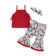 (18-24 Months, Red) Babykleding voor meisjes: mouwloos hemdje met kwastjes, flared broek met baseballprint en bijpassende hoofdband.