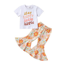 (2-3 Years, White) Zomerkleding voor peutermeisjes: T-shirt met korte mouwen en letterprint, bloemenprint en flared broek.