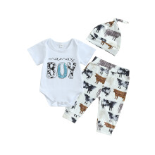 (3-6 Months, White) Conjunto de verano para bebé: mono corto con estampado de letras, pantalón de vaca y gorro.
