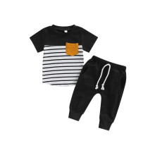 (12-18 Months, Black) Tweedelige outfit voor peuterjongens: gestreept T-shirt met ronde hals en korte mouwen + effen lange broek, zomerset.