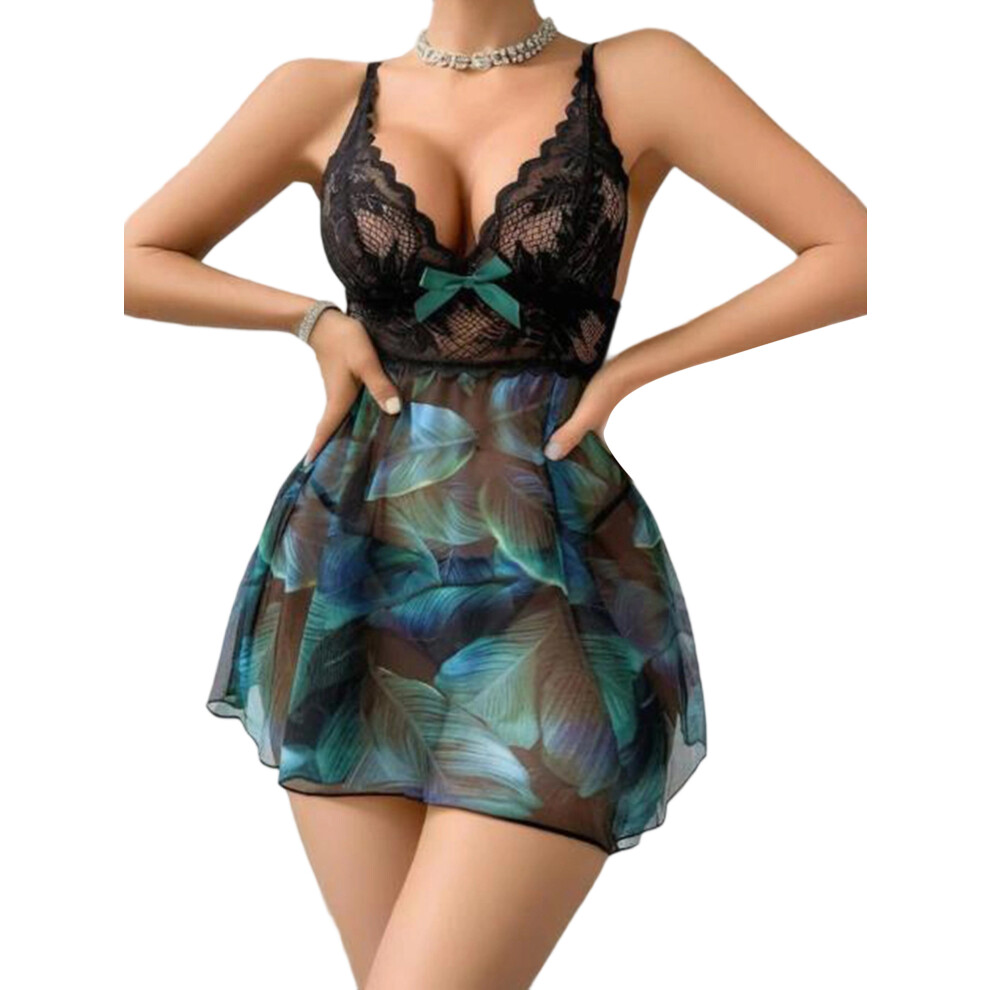 Black (L, ) Women Naughty Babydoll Lingerie Lace Patchwork Leaf Print Sheer Mesh Nightgown With Thong Set For Sleepwear Nightwear