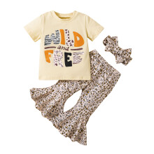 (1-2 Years, Leopard) Ensemble 3 pièces pour petites filles : T-shirt, pantalon pattes d'éléphant léopard et bandeau.
