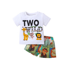 (2-3 Years, Green) Babyjongensset met short, T-shirt met korte mouwen en letters en bijpassende short met dierenprint, zomeroutfit