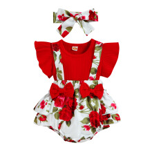 (0-3 Months, Red) Kislány jelmez szett, hamis kétrészes, masnival, patchwork, fánk/virágmintás, fodros fejpánttal