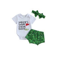 (18-24 Months, Green) Babykleding set jongen: romper met letterprint, korte mouwen, short met golfprint en hoofbandje, 3-delig