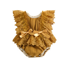 (3-6 Months, Caramel) Salopetă de vară pentru bebeluși cu dantelă florală și volane, casual, cu mâneci zburătoare, pentru copii mici