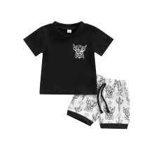 (0-6 Months, Black) Babyjongensset, T-shirt met korte mouwen en stierenkopprint en bijpassende shorts met cactusprint, zomeroutfit
