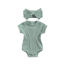 (6-9 Months, Green) Macacão infantil feminino liso com mangas curtas caneladas e faixa de cabelo com laço, perfeito para o verão.