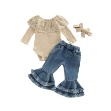(9-12 Months, Apricot) Conjunto de top y pantalón de encaje para niña, manga larga, cuello redondo y diadema.