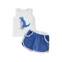 (0-6 Months, Blue) Tweedelige zomeroutfit voor peuters en baby's: mouwloze tanktop met dinosaurusprint en short.