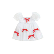 (12-18 Months, White) Csecsemő lányoknak édes hercegnős ruha nyári masnival, szögletes nyakú, puffos ujjú A-vonalú.