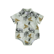 (3-6 Months, Khaki Grey Romper) Salopetă bebeluși cu cămașă Western, mânecă scurtă, imprimeu vacă, nasturi, haine nou-născuți