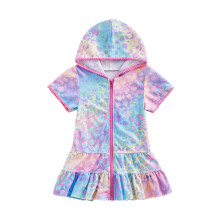 (2-3 Years, Pink) Zomerse zwemkleding voor peutermeisjes: cover-up met korte mouwen, luipaardprint, ritssluiting en capuchon.