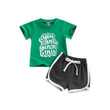 (2-3 Years, Green) Kleding voor peuterjongens: korte mouwen topjes, letters opdruk, korte broeken met trekkoord, casual outfits.