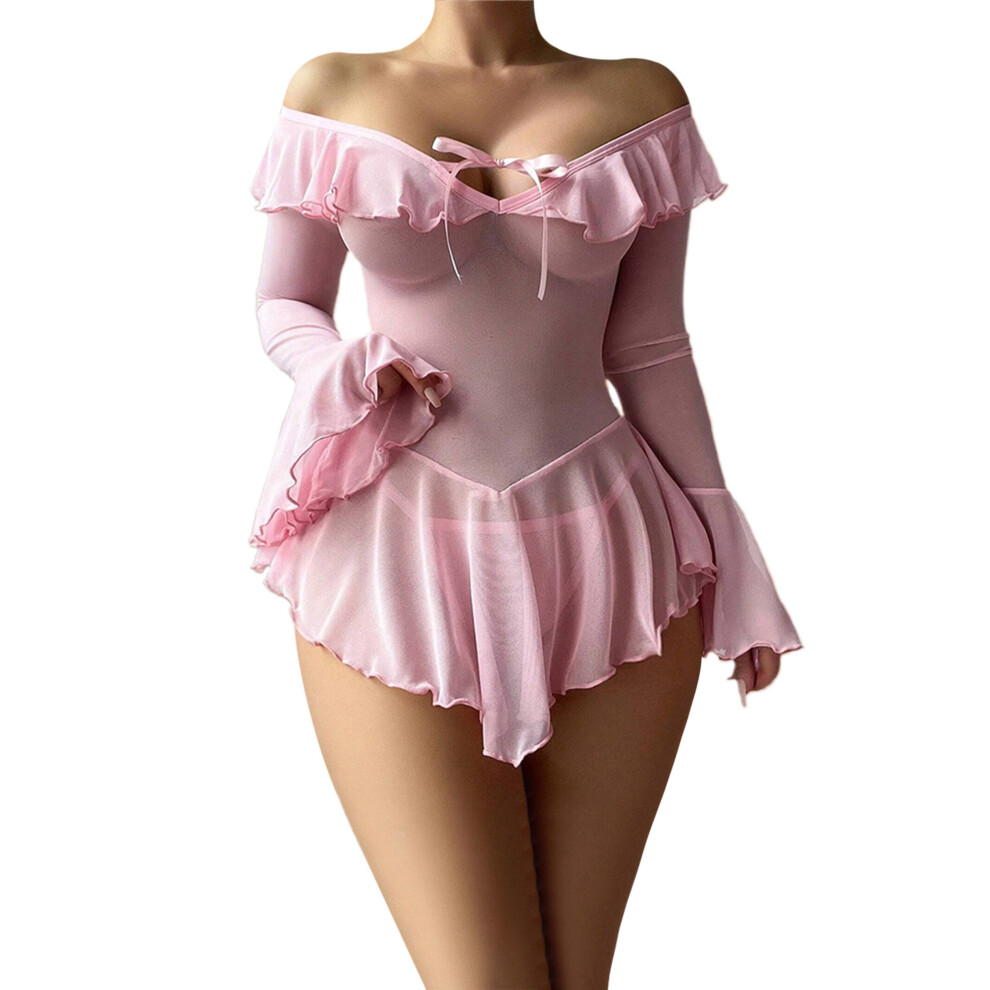 Pink (L, ) Women Lingerie Chemise Nightdress Solid Color See-Through Ruffles Dress Nightgown Sleepwear Slips Nightie With Thong